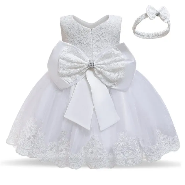 Baby Girls White Baptism Dress Newborn Princess Birthday Wear Toddler Flower Christening Ball Gown Kids Dresses for Girls 12 24M