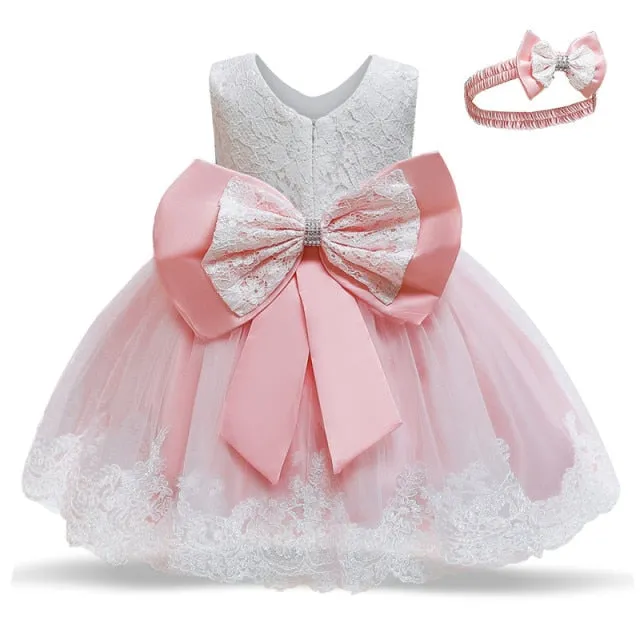 Baby Girls White Baptism Dress Newborn Princess Birthday Wear Toddler Flower Christening Ball Gown Kids Dresses for Girls 12 24M