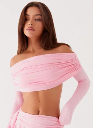 Bardot Long Sleeve Crop Top - Candy Pink