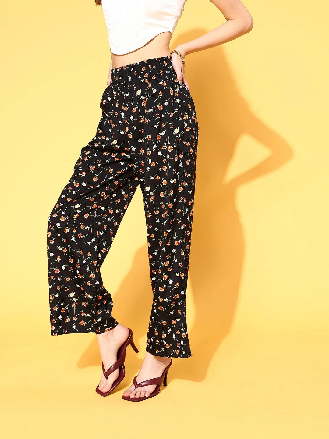 Berrylush Women Black Floral Printed Relaxed Loose Fit High-Rise Pleated Trousers