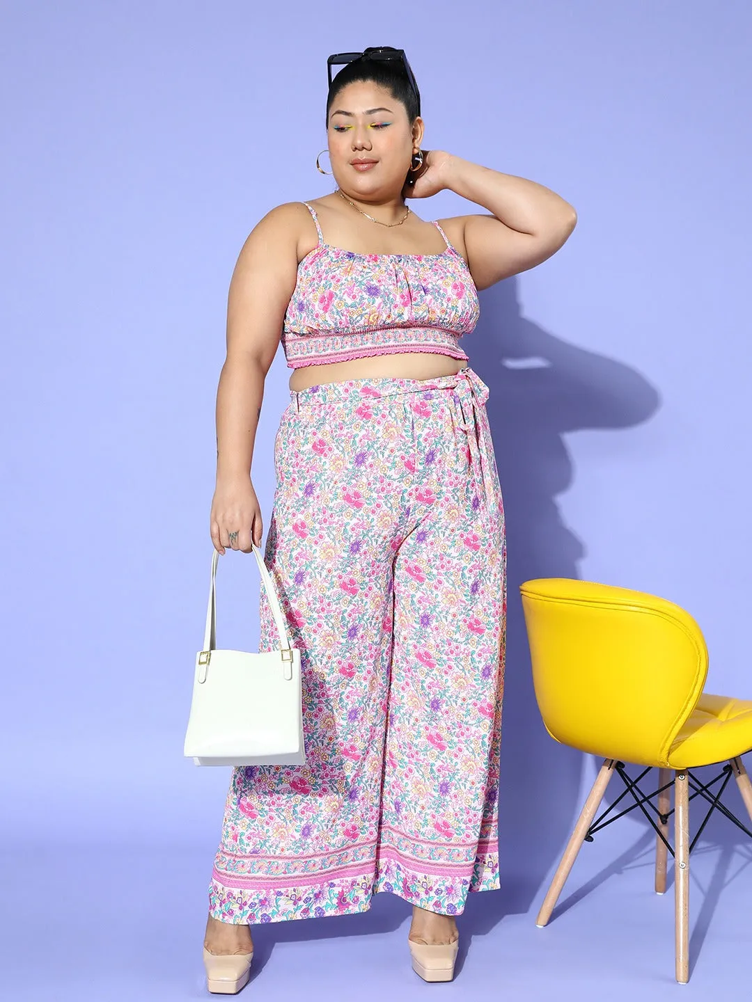 Berrylush Women Plus Size Pink & White Floral Printed Round Neck Waist Tie-Up Crop Top & Wide-Leg Trousers Set