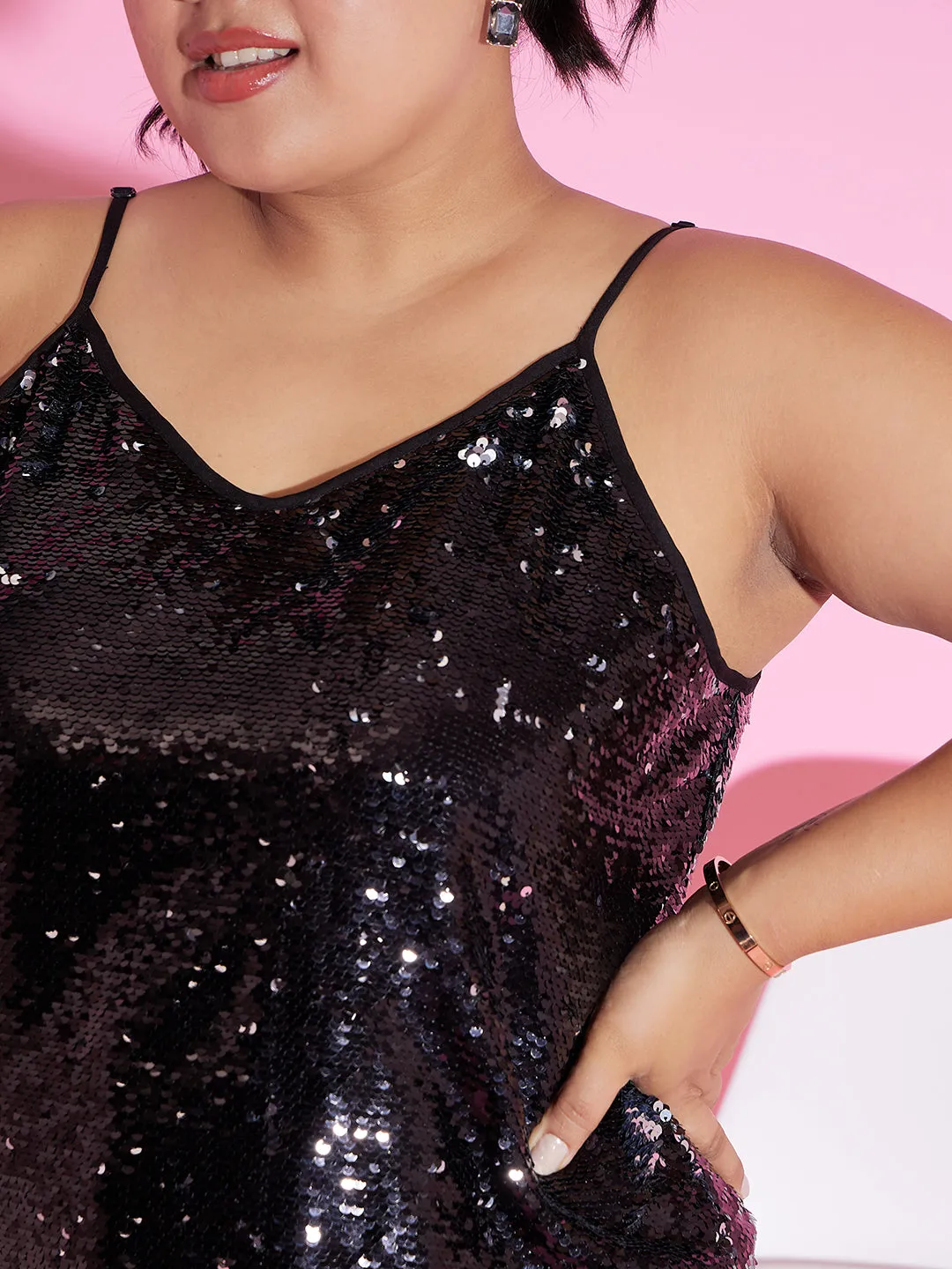 Berrylush Women Plus Size Solid Black V-Neck Sleeveless Sequin Embellished Regular Cami Top