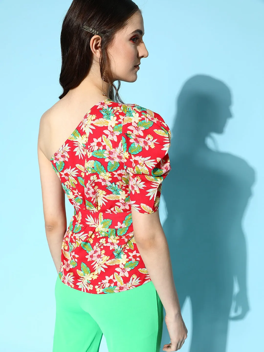 Berrylush Women Red & Green Floral Printed One-Shoulder Neck Tie-Up Waist Peplum Top