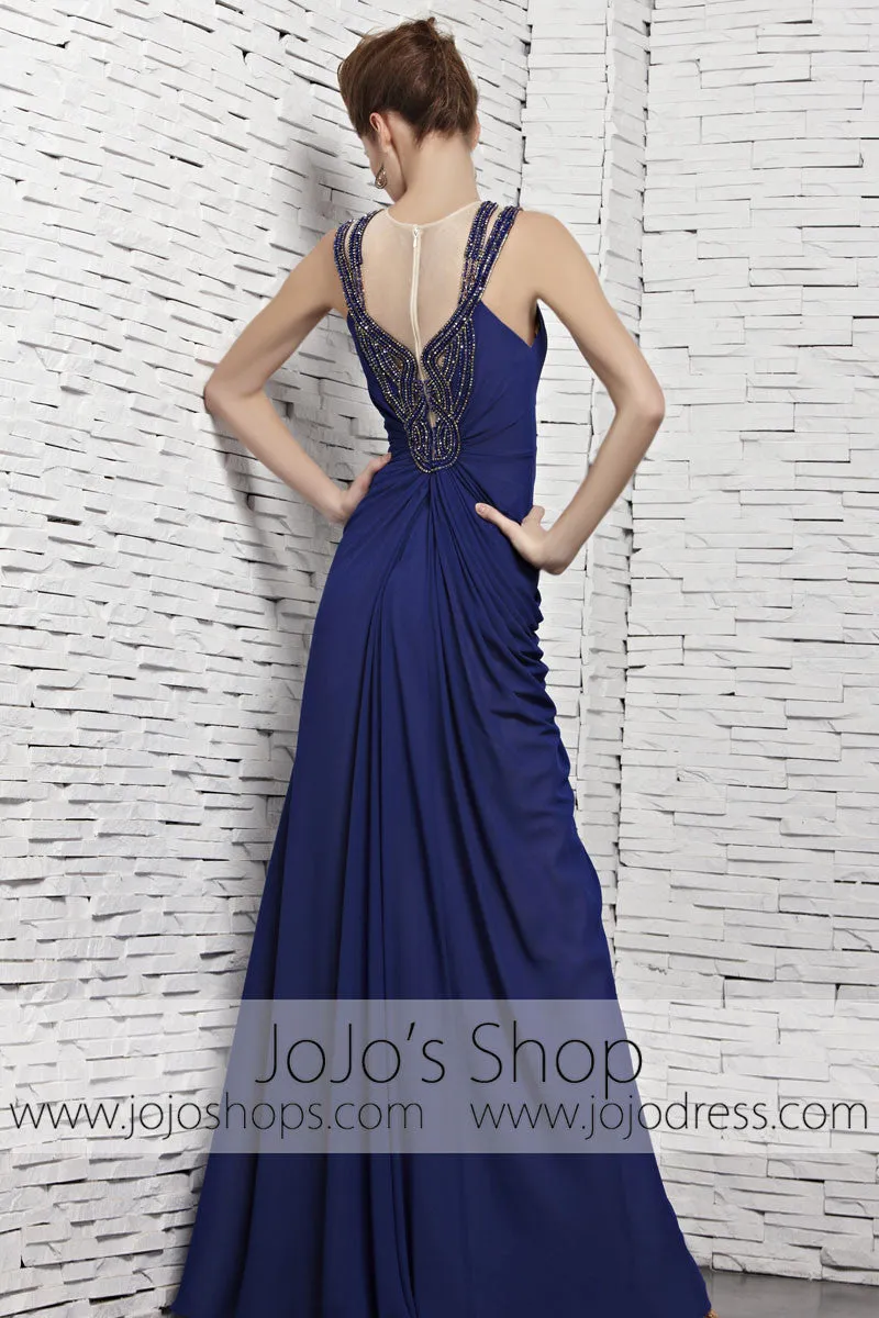 Dark Blue Modest Floor Length Evening Formal Dress CX881528