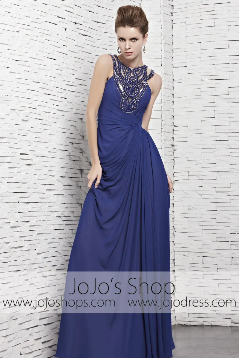 Dark Blue Modest Floor Length Evening Formal Dress CX881528