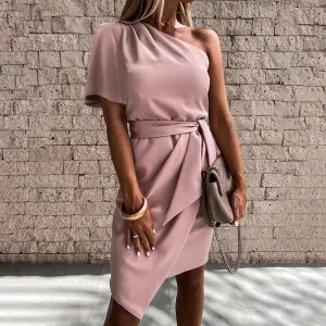 DressBetty - Women’S Skew Collar Elegant Midi Dress Open One Shoulder Ruffle Solid Color Belt Slim Office Lady Summer Dresses Robe