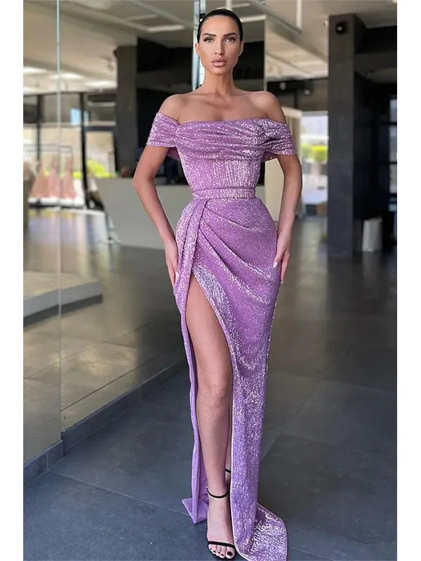 Elegant Mermaid Side Slit Off the Shoulder Long Prom Dress Evening Dress with Pleats, OL769