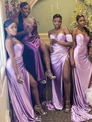 Elegant Mismatched Off Shoulder Sweetheart Mermaid Long Lilac Satin Bridesmaid Dresses with Side Slit, BG404