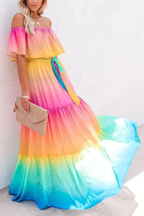 Gradient Off Shoulder Belted Maxi Dress