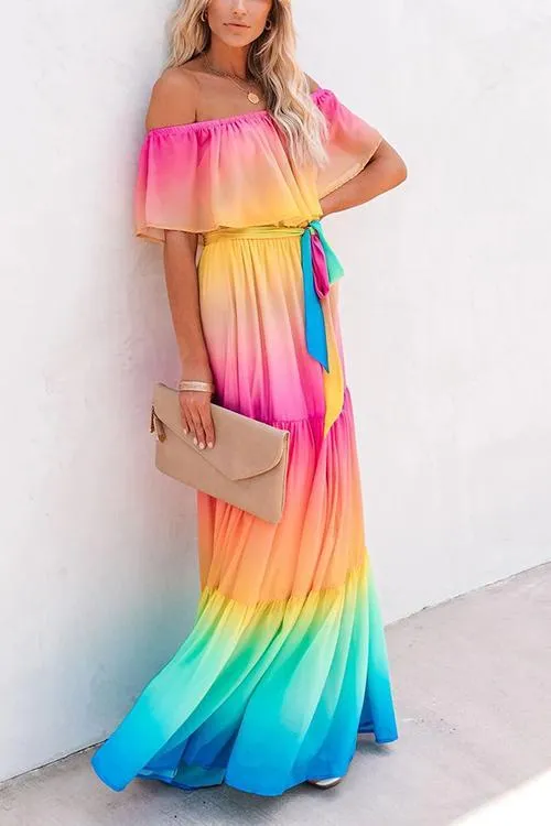 Gradient Off Shoulder Belted Maxi Dress