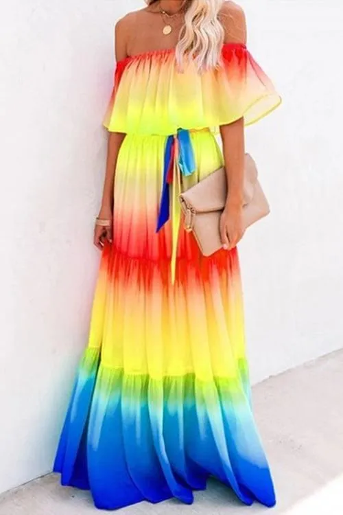 Gradient Off Shoulder Belted Maxi Dress