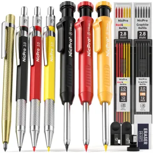 Nicpro 15 Pack Mechanical Carpenter Pencil Set with 42 Refills & Carbide Scribe Tool, Deep Hole Marker Construction Pencils Heavy Duty Woodworking Pencils Built-in Sharpener for Construction Architect