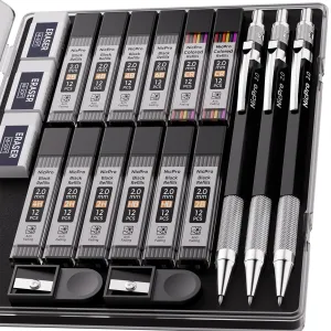 Nicpro 2mm Metal Mechanical Pencil Set with Case, 3PCS Lead Pencil Holder 2.0 mm with 144PCS Lead Refills (4H 2H HB 2B 4B 6B Color), Eraser, Sharpener for Drafting Writing Drawing Sketching