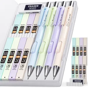 Nicpro 4 PCS Pastel Mechanical Pencil 0.5mm, Cute Fast Click Mechanical Pencils Set with 8 Tubes HB Lead Refills, Erasers, Eraser Refills for School, Student Writing, Drawing, Sketching - with Case