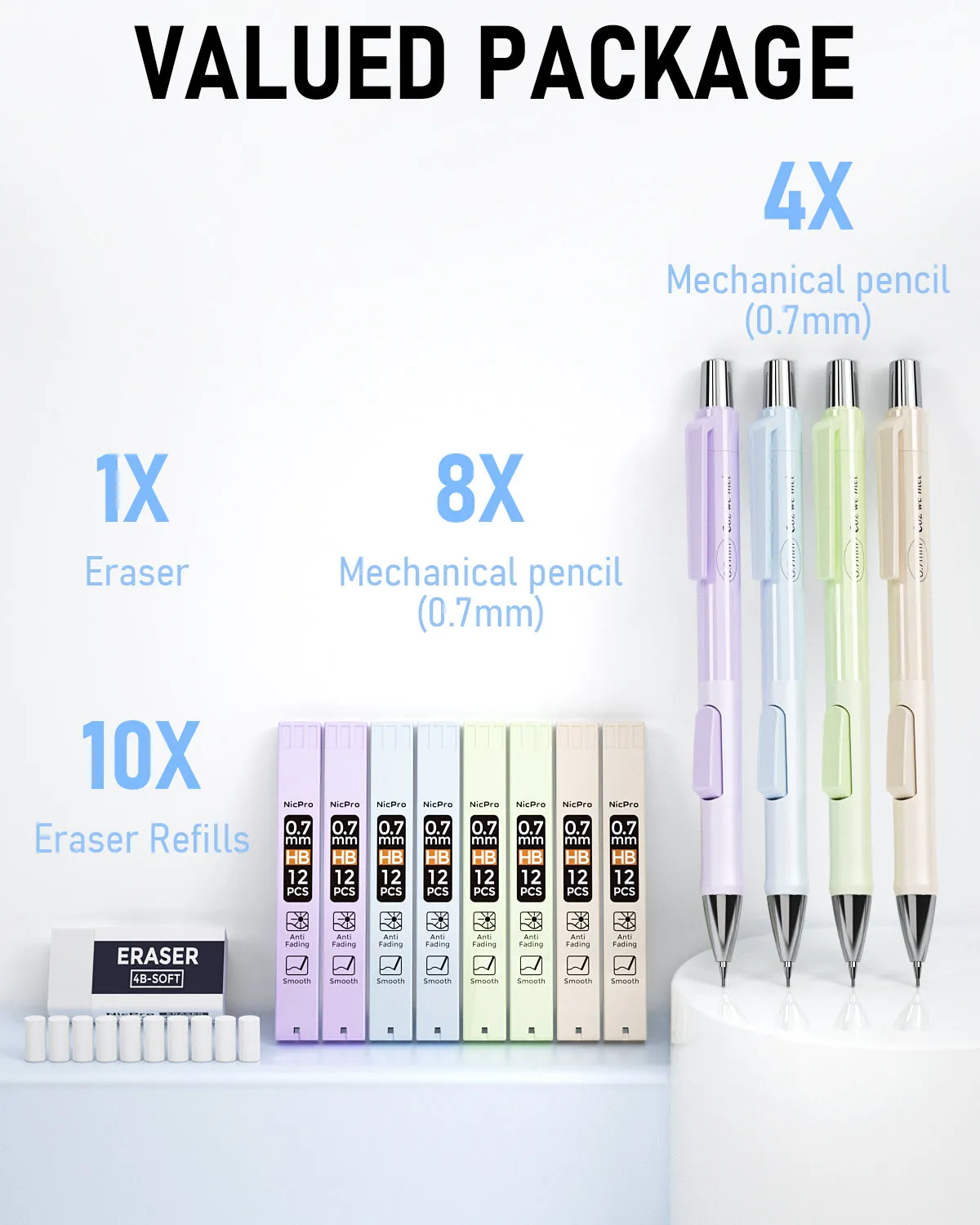 Nicpro 4 PCS Pastel Mechanical Pencil 0.7mm, Cute Fast Click Mechanical Pencils Set with 8 Tubes HB Lead Refills, Erasers, Eraser Refills for School, Student Writing, Drawing, Sketching - with Case