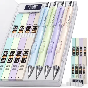 Nicpro 4 PCS Pastel Mechanical Pencil 0.7mm, Cute Fast Click Mechanical Pencils Set with 8 Tubes HB Lead Refills, Erasers, Eraser Refills for School, Student Writing, Drawing, Sketching - with Case