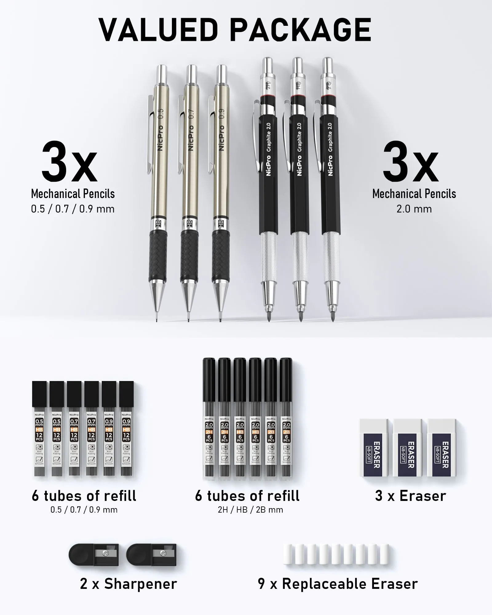 Nicpro 6Pcs Art Mechanical Pencils Set, 3 Pcs Metal Drafting Pencil 0.5mm & 0.7mm & 0.9mm and 3 Pcs 2mm Graphite Lead Holder (2B HB 2H) with 12 Tubes Lead Refills