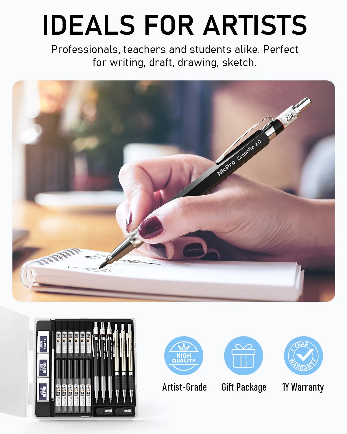 Nicpro 6Pcs Art Mechanical Pencils Set, 3 Pcs Metal Drafting Pencil 0.5mm & 0.7mm & 0.9mm and 3 Pcs 2mm Graphite Lead Holder (2B HB 2H) with 12 Tubes Lead Refills