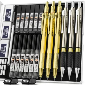 Nicpro Gold Mechanical Pencils Set, 3 PCS Metal Drafting Pencil 0.5 mm & 0.7 mm & 0.9 mm & 3 PCS 2mm Graphite Lead Holder (2B HB 2H) For Writing, Sketching Drawing With 12 Tube Lead Refills Case