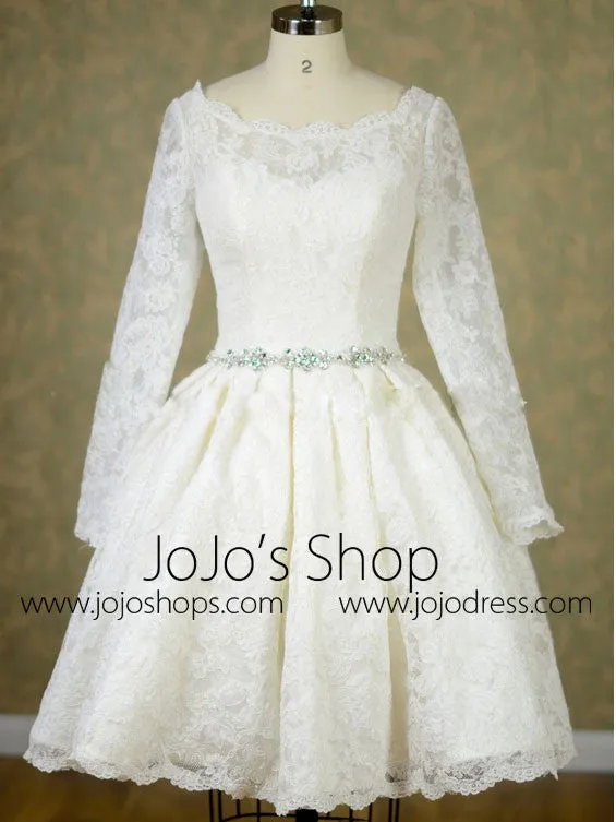 Retro Short Tea Length Wedding Dress with Long Sleeves | DV2048