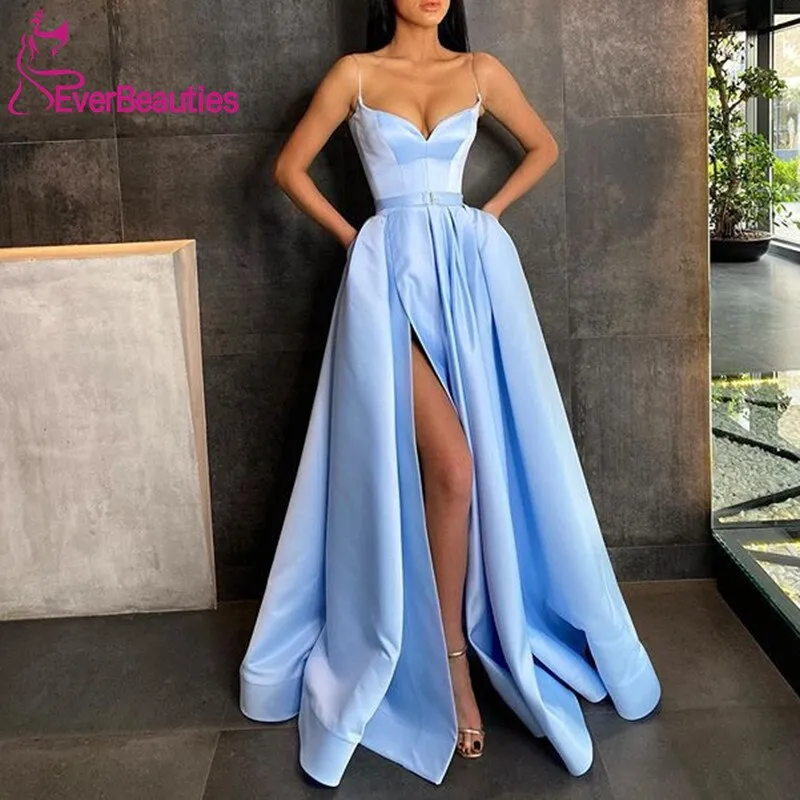 Robe De Soiree Satin Prom Dresses with Pockets  Suknie Wieczorowe Side Split Vestidos De Noite Evening Vestidos De Fiesta