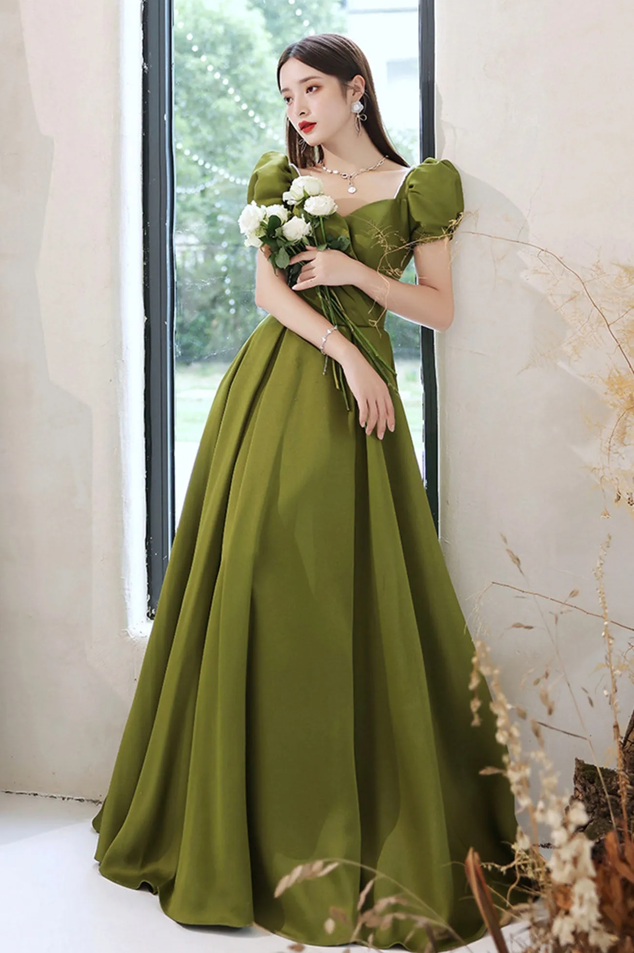 solvbao Green Saitn Long Prom Dresses, A-Line Evening Dresses