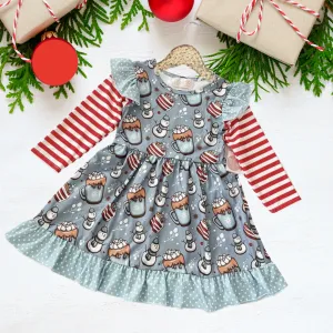 Winter Fun Girls Twirl Dresses - Blue Hot Cocoa   Snowmen