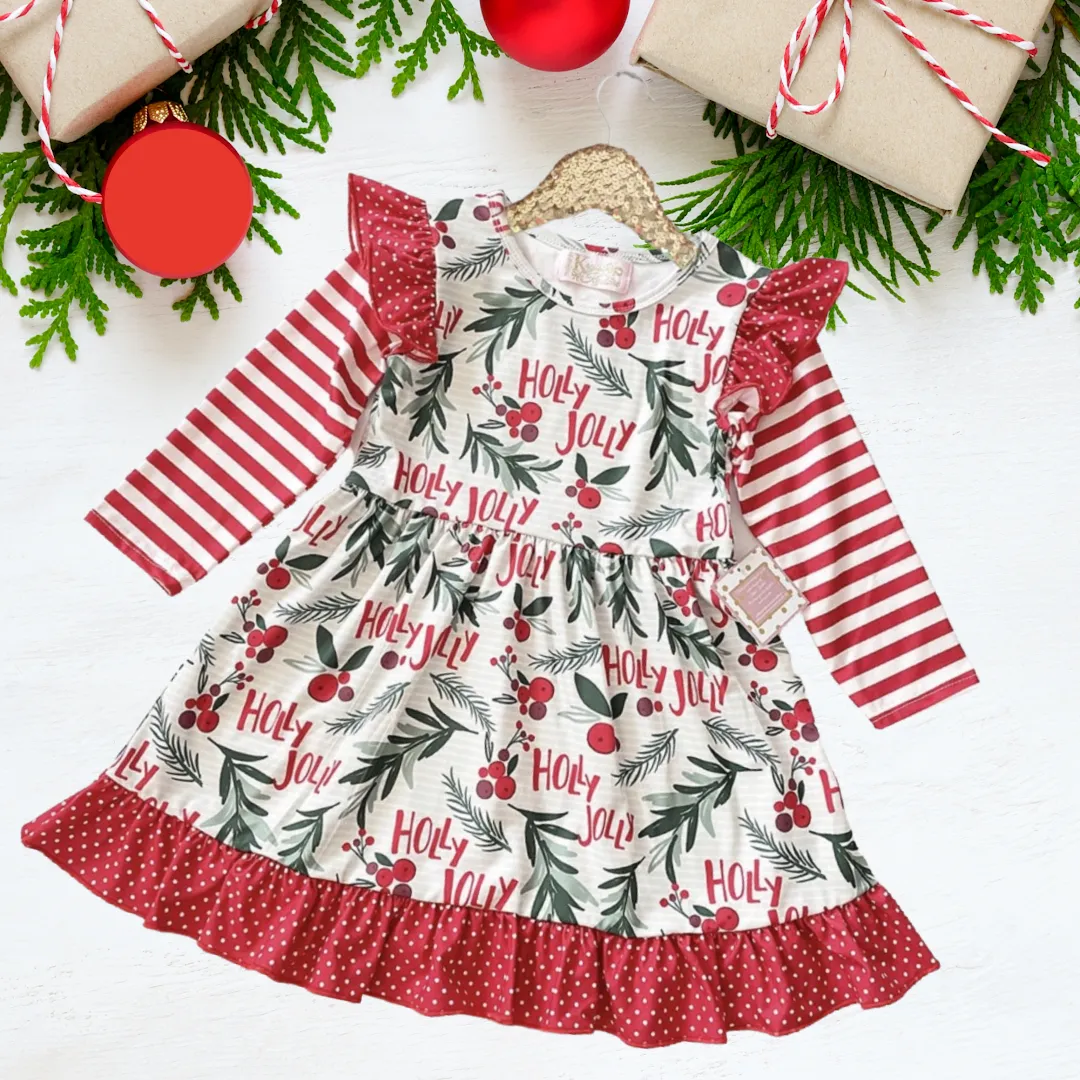 Winter Fun Girls Twirl Dresses - Holly Jolly - Red Stripe