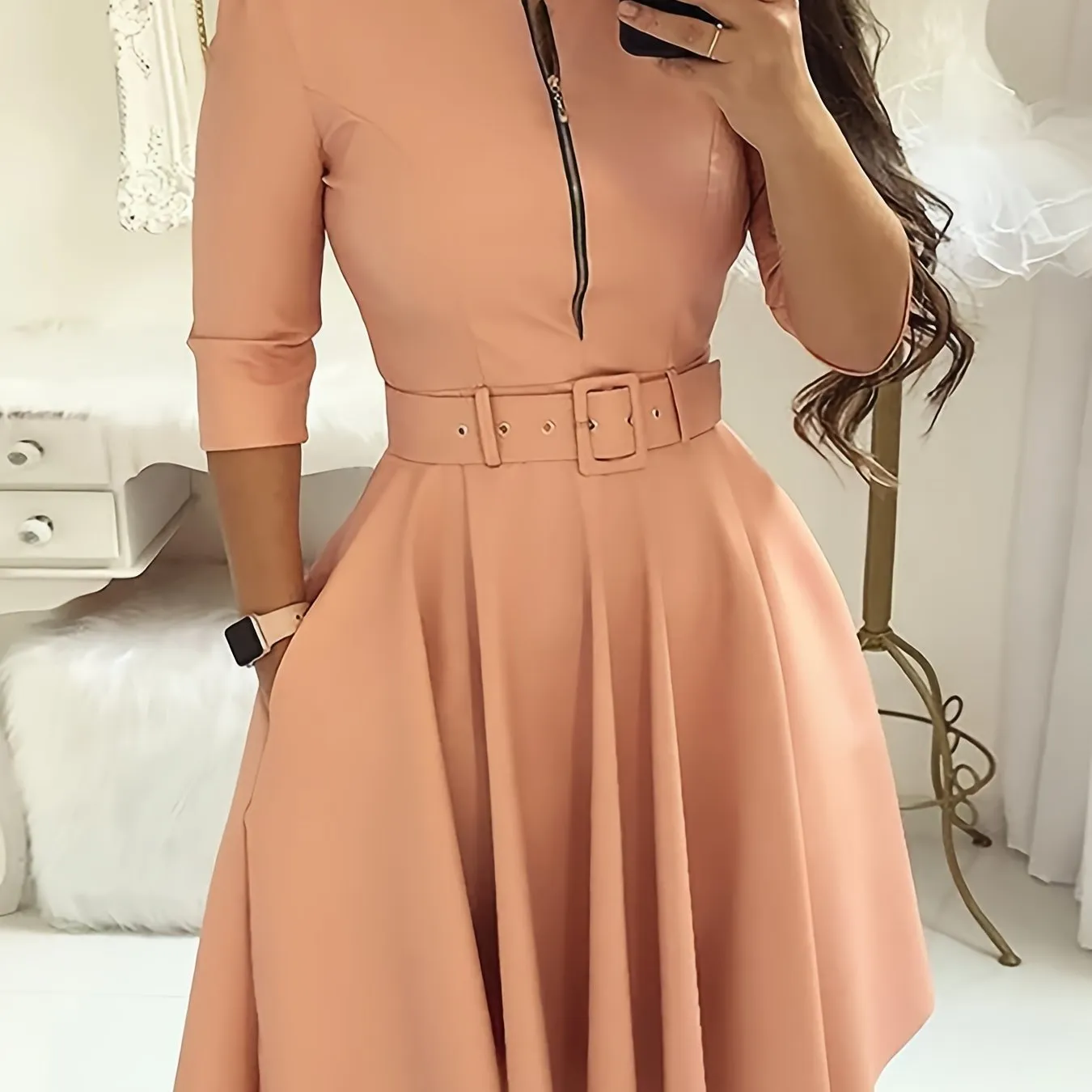 Women's Dresses Solid Crew Neck Zipper Dresses