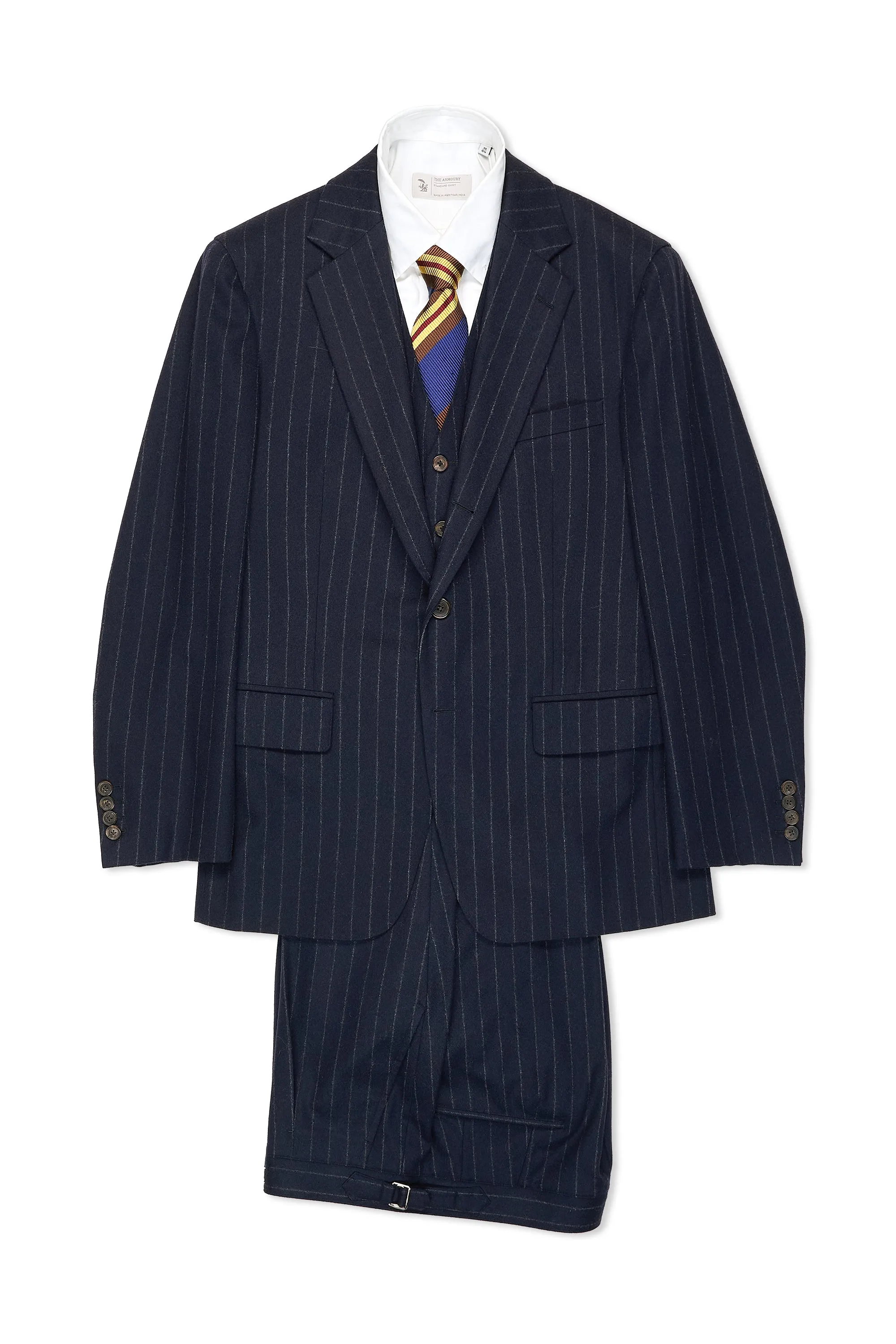 WW Chan Navy Chalkstripe Flannel Three Piece Suit Bespoke